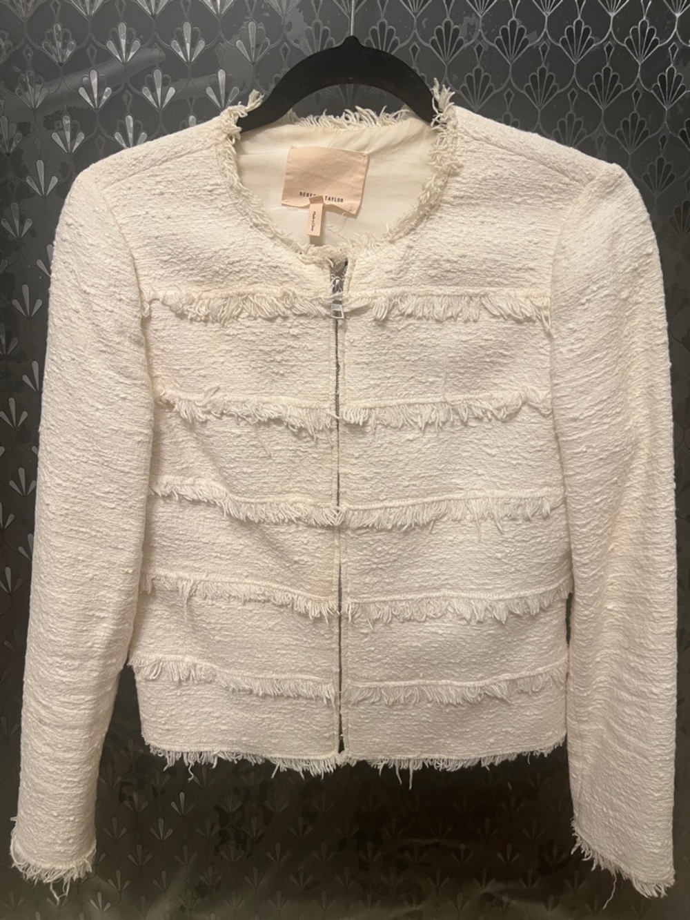 Rebecca Taylor Cream Tweed Fringe Zip Jacket